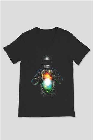 Astronot Siyah Unisex V Yaka Tişört T-Shirt