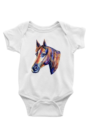 At Baskılı Beyaz Unisex Bebek Body - Zıbın