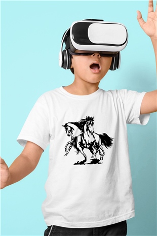 At Baskılı Beyaz Unisex Çocuk Tişört