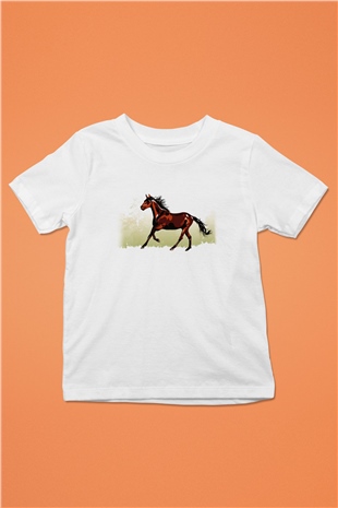 At Baskılı Beyaz Unisex Çocuk Tişört