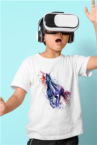 At Baskılı Beyaz Unisex Çocuk Tişört