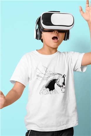At Baskılı Beyaz Unisex Çocuk Tişört