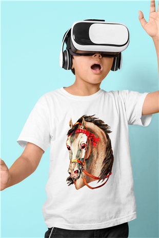 At Baskılı Beyaz Unisex Çocuk Tişört