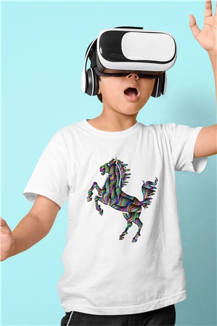 At Baskılı Beyaz Unisex Çocuk Tişört