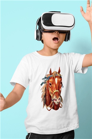 At Baskılı Beyaz Unisex Çocuk Tişört