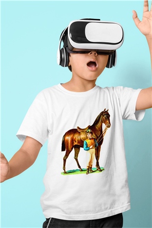 At Baskılı Beyaz Unisex Çocuk Tişört
