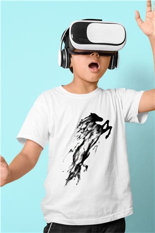 At Baskılı Beyaz Unisex Çocuk Tişört