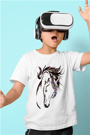 At Baskılı Beyaz Unisex Çocuk Tişört