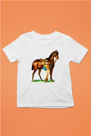 At Baskılı Beyaz Unisex Çocuk Tişört