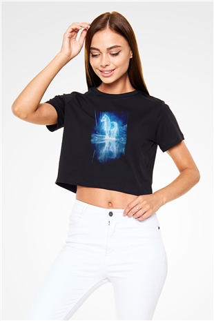 At Baskılı  Siyah  Crop Top Tişört
