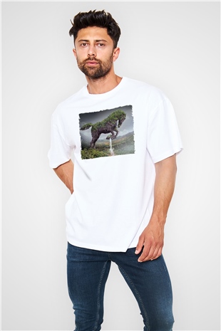 At Baskılı Oversize Beyaz Tişört