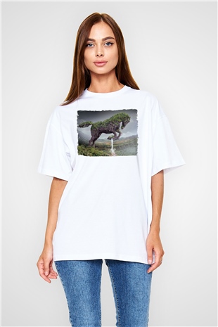 At Baskılı Oversize Beyaz Tişört