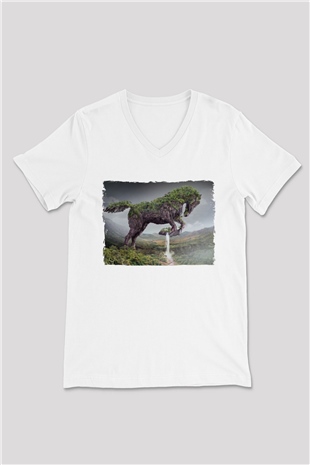 At Baskılı Unisex Beyaz  V Yaka Tişört