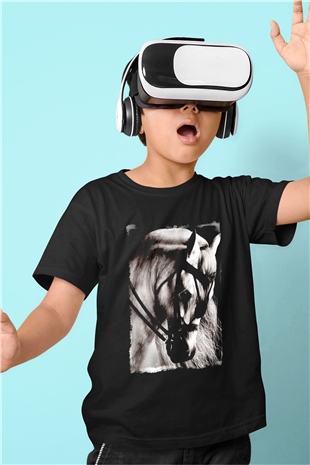 At Baskılı Unisex Siyah  Çocuk Tişört