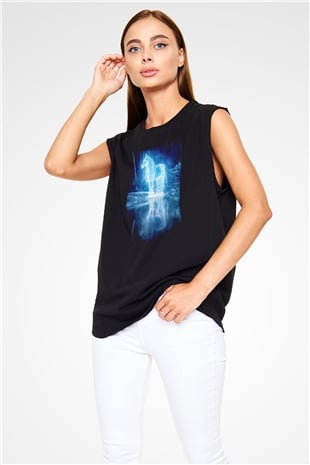 At Baskılı Unisex Siyah  Kolsuz Tişört