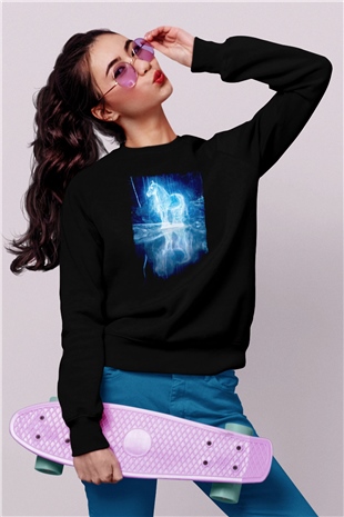 At Baskılı Unisex Siyah  Sweatshirt