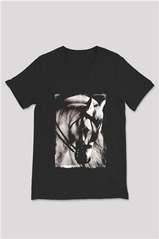 At Baskılı Unisex Siyah  V Yaka Tişört