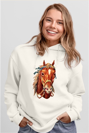 At Beyaz Unisex Kapşonlu Sweatshirt