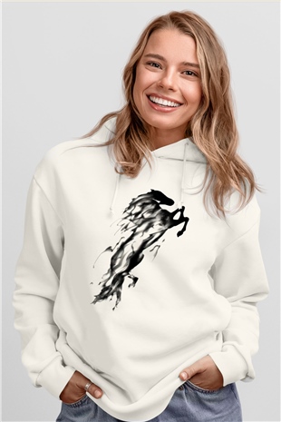At Beyaz Unisex Kapşonlu Sweatshirt