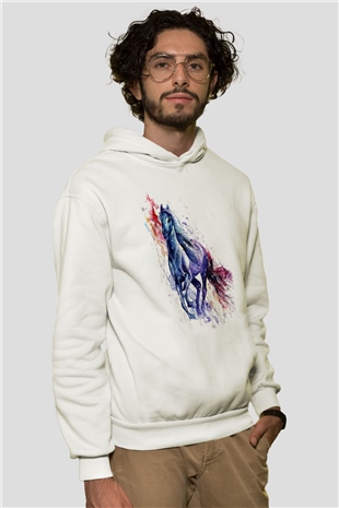 At Beyaz Unisex Kapşonlu Sweatshirt