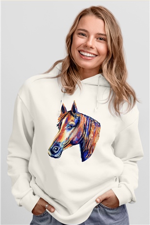At Beyaz Unisex Kapşonlu Sweatshirt