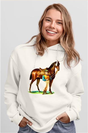 At Beyaz Unisex Kapşonlu Sweatshirt