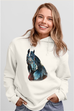 At Beyaz Unisex Kapşonlu Sweatshirt