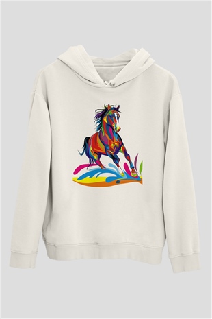 At Beyaz Unisex Kapşonlu Sweatshirt