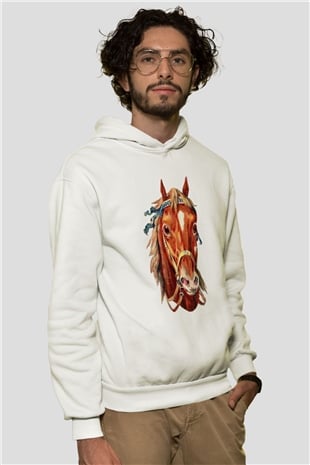 At Beyaz Unisex Kapşonlu Sweatshirt
