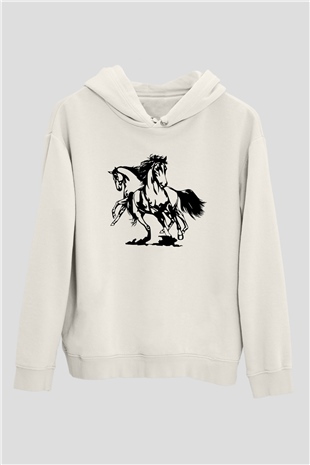 At Beyaz Unisex Kapşonlu Sweatshirt