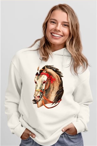 At Beyaz Unisex Kapşonlu Sweatshirt