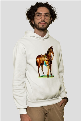 At Beyaz Unisex Kapşonlu Sweatshirt