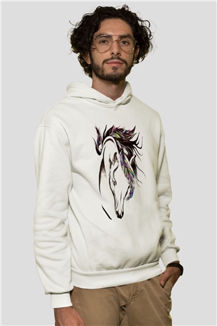 At Beyaz Unisex Kapşonlu Sweatshirt
