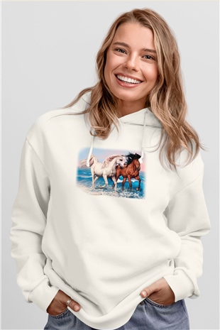 At Beyaz Unisex Kapşonlu Sweatshirt