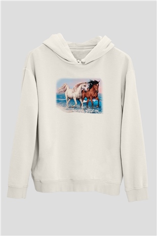 At Beyaz Unisex Kapşonlu Sweatshirt