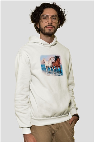 At Beyaz Unisex Kapşonlu Sweatshirt