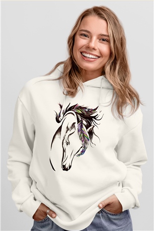 At Beyaz Unisex Kapşonlu Sweatshirt
