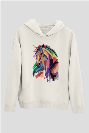 At Beyaz Unisex Kapüşonlu Sweatshirt