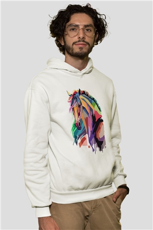 At Beyaz Unisex Kapüşonlu Sweatshirt