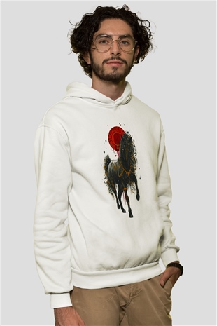 At Beyaz Unisex Kapüşonlu Sweatshirt