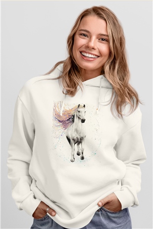 At Beyaz Unisex Kapüşonlu Sweatshirt