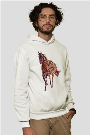 At Beyaz Unisex Kapüşonlu Sweatshirt