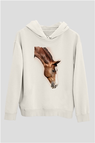 At Beyaz Unisex Kapüşonlu Sweatshirt