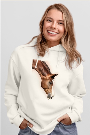 At Beyaz Unisex Kapüşonlu Sweatshirt