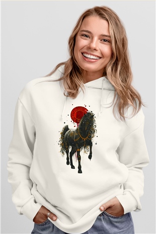 At Beyaz Unisex Kapüşonlu Sweatshirt
