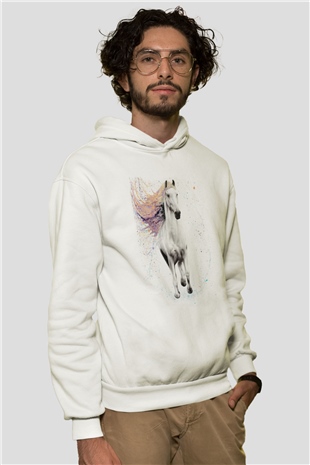 At Beyaz Unisex Kapüşonlu Sweatshirt
