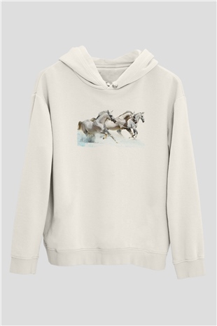 At Beyaz Unisex Kapüşonlu Sweatshirt