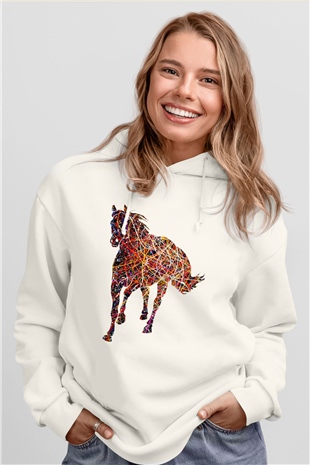 At Beyaz Unisex Kapüşonlu Sweatshirt