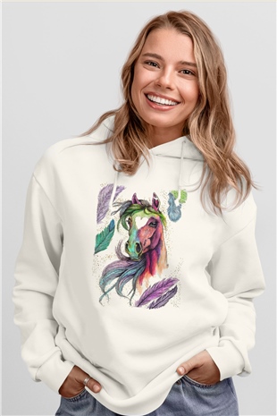 At Beyaz Unisex Kapüşonlu Sweatshirt