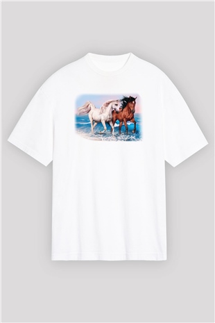At Beyaz Unisex Oversize Tişört T-Shirt